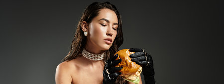 A stunning young woman in glamorous attire savors a gourmet burger with elegance and poise.の写真素材