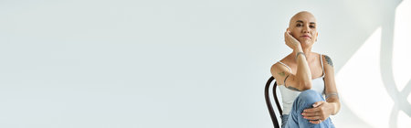 A young woman with alopecia elegantly poses in a serene indoor setting, showcasing confidence.の写真素材