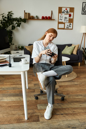 A young man relaxes in a modern space, intently playing with his game controller.