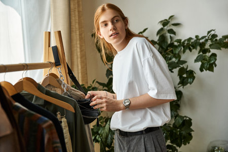 A young man curiously examines clothes while surrounded by greenery and natural light.