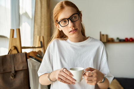 A young man holding a cup gazes thoughtfully in a warm and inviting room.の写真素材