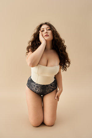 Young plus size woman poses gracefully in fashionable underwear, showcasing beauty and styleの写真素材