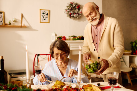 A senior couple delights in a festive Christmas meal, surrounded by holiday decorations and warmth.の写真素材