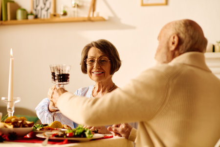 A senior couple shares joy and laughter over a cozy Christmas meal at home.の写真素材