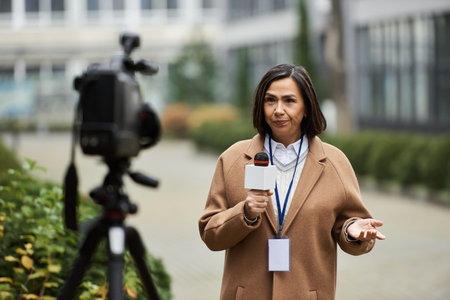 A multiracial female journalist holds a microphone, delivering news outdoors in a lively environment.の写真素材
