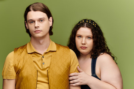 A young plus size woman stands close to her male friend, both posing against a green background.