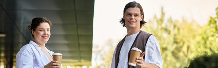 Two friends share laughter and coffee outdoors, basking in the warm sunlight of an autumn day.