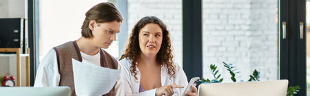 A cheerful young plus size woman engages with her male friend while holding a phone.