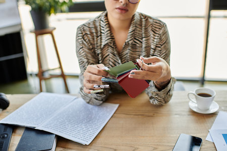 A fashionable bald woman analyzes vibrant accessories while enjoying a warm beverage.の写真素材