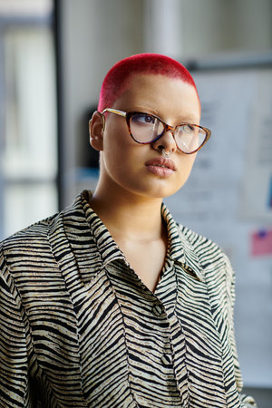 A bald woman with vibrant red hair and glasses showcases her unique style and confidence.の写真素材
