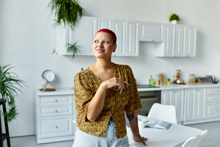 A confident bald woman with red hair stands in a stylish kitchen, deep in thought.の写真素材