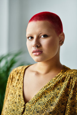 A bald woman with red hair wears a stylish outfit while showcasing her unique beauty.の写真素材