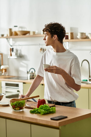 A handsome young man in a bright kitchen enjoys coffee, embracing healthy eating and lifestyle.の写真素材