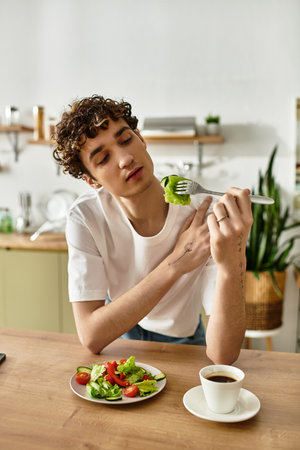 In a stylish kitchen, a handsome young man savors a salad while sipping coffee, embracing healthy living.の写真素材