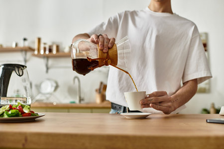 A man fills a white cup with aromatic coffee, enjoying a moment in a cozy kitchen.の写真素材