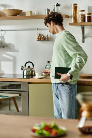A young man with curly hair pours coffee into a cup while stylishly dressed in a contemporary kitchen.の写真素材