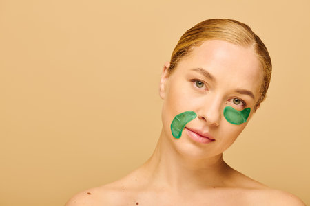 A young plus size woman relaxes while posing with green patches.の写真素材