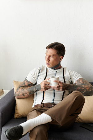 A young man with tattoos sits on a couch, casually holding a coffee cup and pondering.の写真素材