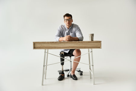 Handsome young man sits confidently at a minimalistic desk, showcasing his prosthetic leg.の写真素材