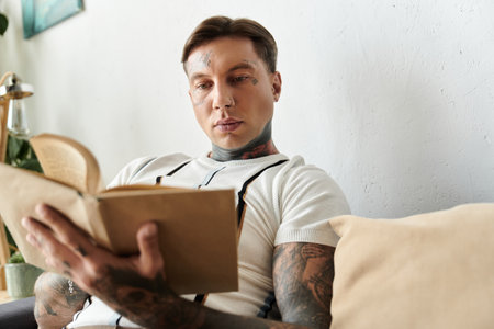 A young handsome man with tattoos is sitting on a couch reading a book in a cozy setting.の写真素材