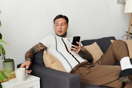 Young man with tattoos lounges on a couch, checking his smartphone and enjoying a drink.の写真素材