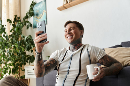 Happy young man with tattoos relaxes on sofa, holding coffee cup while using his phone.の写真素材