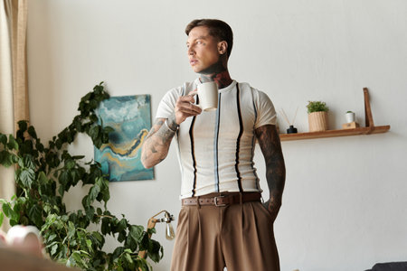 Stylish young man with tattoos stands with a coffee mug in a bright room filled with plants.の写真素材