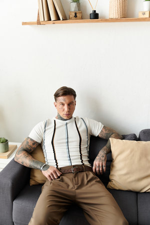 A young man with tattoos sits relaxed on a sofa in a modern living room, showcasing his style.の写真素材