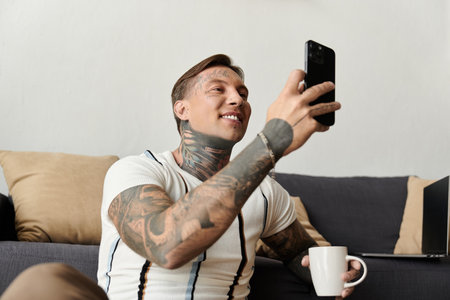 Man smiles while taking a selfie and holding a cup of coffee in a cozy living space.の写真素材