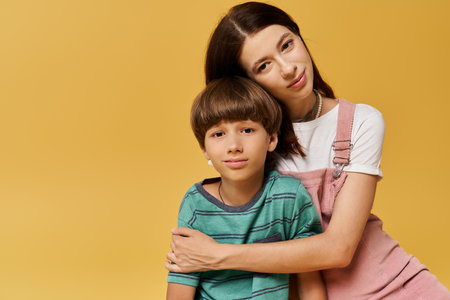 A young mother embraces her son in a cheerful studio, showcasing their bond and love for each other.の写真素材