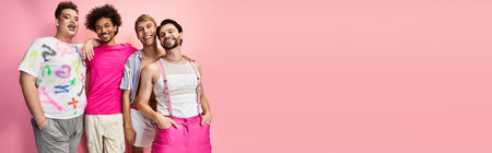 Joyful friends express their individuality in colorful outfits, radiating positivity and pride.の写真素材