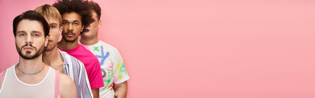 Group of queer individuals expressing pride and joy in colorful attire with a playful vibe.の写真素材