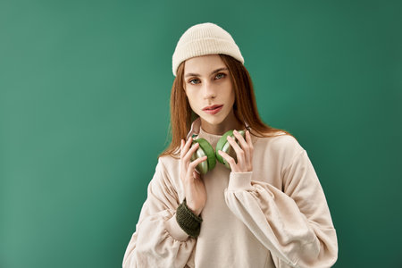 Young woman with headphones poses against a green backdrop, showcasing her beauty and strength.