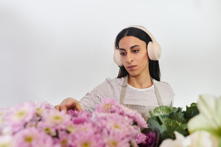 A dedicated florist meticulously arranges colorful blooms while enjoying her craft in the shop.の写真素材