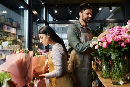 A couple works harmoniously in their florist shop, crafting beautiful bouquets and arrangements.の写真素材