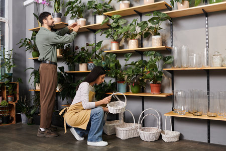 Married florists collaborate in their plant shop, tending to greenery and arranging supplies.の写真素材