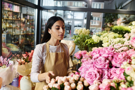 Beautiful brunette florist selects blooms for arrangements in her vibrant flower shop daily.の写真素材