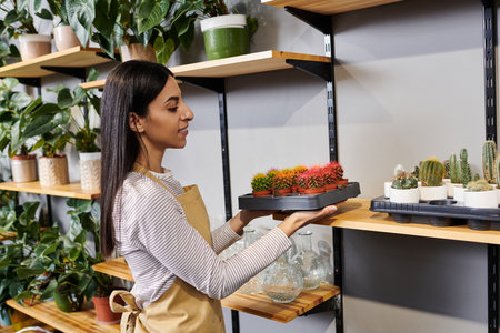 Brunette plant shop owner arranges vibrant cacti, expressing her love for plants and sustainability.の写真素材