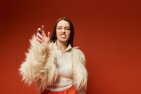 A vibrant woman in a fluffy jacket playfully poses with a cheeky expression in a bold setting.の写真素材