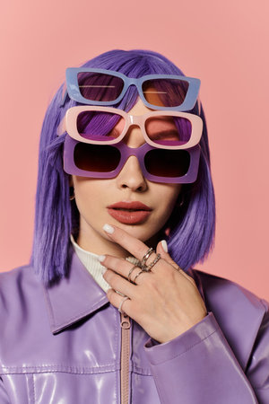 A stylish woman with purple hair poses confidently in trendy sunglasses on a pink backdrop.の写真素材