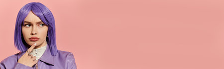 A vibrant stylish woman with purple hair contemplates thoughtfully against a soft pink backdrop.の写真素材