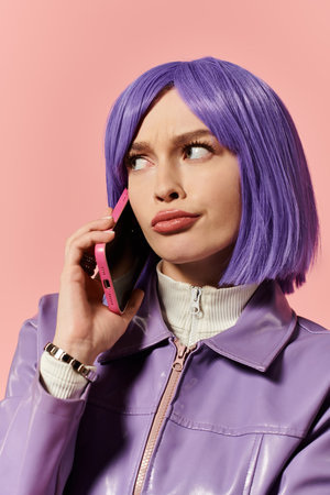 A stylish woman with purple hair poses confidently while chatting on her phone.の写真素材