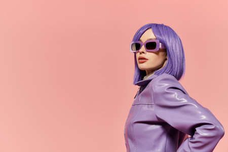 A stylish woman confidently poses in her chic outfit before a bright pink backdrop.の写真素材