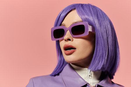 A stylish woman flaunts her unique purple hair and sunglasses against a pink backdrop.の写真素材