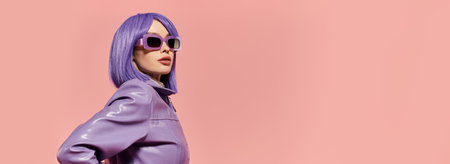 A stylish woman with purple hair poses confidently in trendy sunglasses and attire.の写真素材
