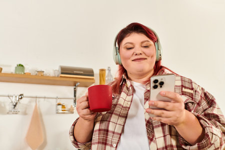 A young plus size woman enjoys a peaceful moment with her drink while listening to music.の写真素材