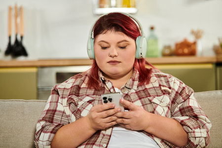 Beautiful young woman in plaid shirt listens to music and looks at her phone in a warm space.の写真素材