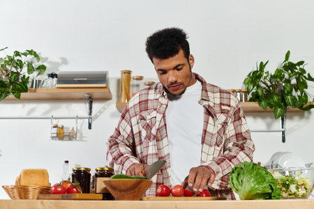 Handsome young man chopping vegetables in a contemporary kitchen, focused on healthy cooking.の写真素材