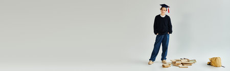 A confident young man in a graduation cap stands proudly in a studio, embracing his college success, bannerの写真素材