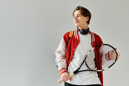 A stylish young man holds a tennis racket and wears headphones with confidence.